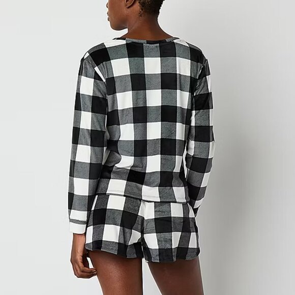 Pajamas Velour XL Set - Top Shorts Black White Buffalo Plaid PJS Pockets New - Picture 4 of 4